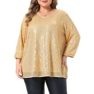 Women Plus Size Sequin Tops Sparkle Glitter Party Blouse Gold